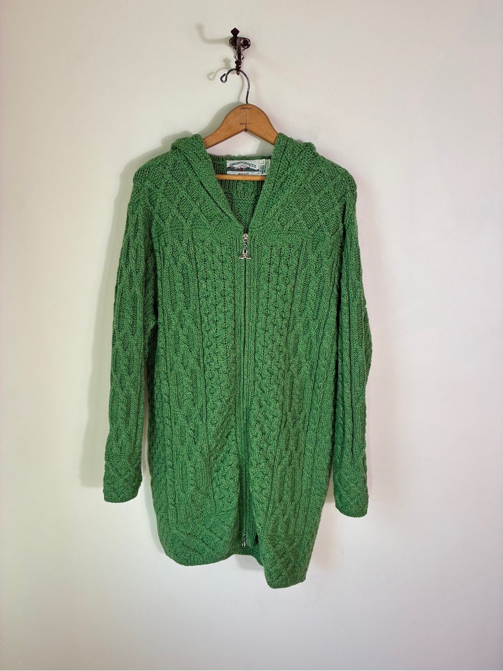 Aran Crafts Green Full Zip Knit Long Hooded Sweater Size L